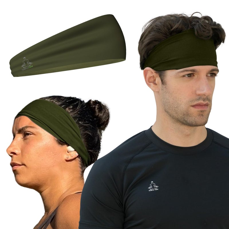 Temple Tape شريط رأس تمبل تيب للتمارين الرياضية للنساء والرجال - أشرطة عرق للرجال - أشرطة رأس رياضية لامتصاص الرطوبة للنساء، الجري، ركوب الدراجات، اليوغا، كرة القدم - أخضر عسكري - Image 1